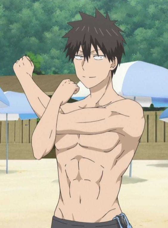 the image shows a muscular, shirtless, anime man standing on a beach. he is stretching his arms and has a smirk on his face. he appears to be tan and enjoying the summer weather. the background is simple, with a few beach umbrellas visible.