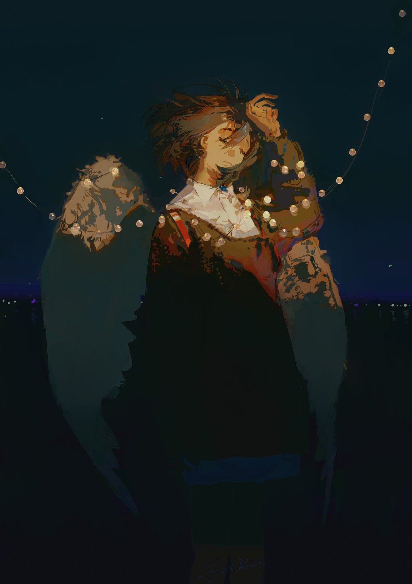 a person with large dark wings, looks over their shoulder as they are bathed in the light of city lights in the distance and a strand of fairy lights overhead. the person is wearing a dark jacket and appears to have short hair.