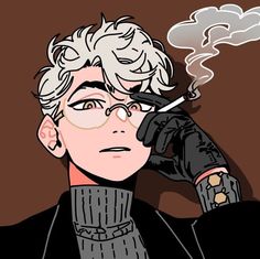 this is an artistic illustration of a young man with stylishly messy white hair. he wears round glasses and has a cigarette in his gloved hand, held up near his face. the background is a solid, warm brown color, and the overall style of the image is reminiscent of anime or manga. the man is depicted from the chest up in a closeup perspective, creating a sense of intimacy. he exudes a cool and fashionable aura.