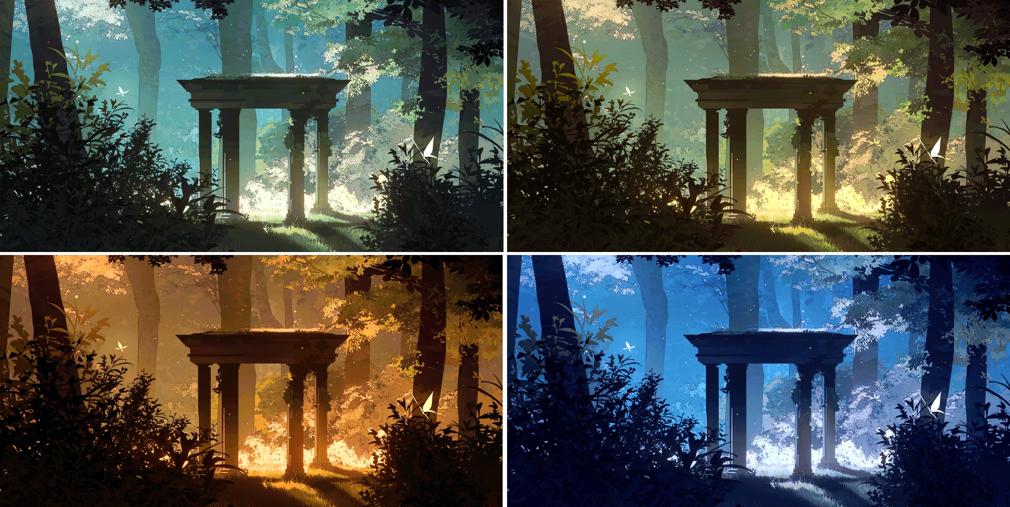 the image showcases four variations of the same scene, each with different lighting. a stone archway, possibly part of ancient ruins, stands as a gateway in a verdant forest. the path leading through the arch is bathed in a warm, inviting light, contrasting with the cooler tones of the surrounding woods. this creates a sense of mystery and invites the viewer to imagine what lies beyond.