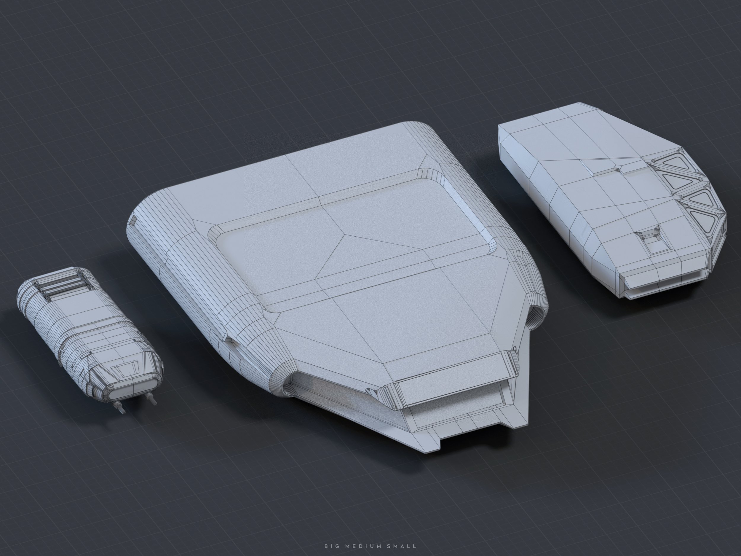 the image shows a 3d wireframe model of three spaceships of varying sizes. the largest spaceship is centrally positioned, with a mediumsized spaceship to the upper right, and the smallest to the lower left.  all three are rendered in a light grey wireframe style against a dark grey background, allowing the details of their forms to be clearly seen. the bottom right corner displays the text "big medium small". the overall aesthetic is futuristic and technological.