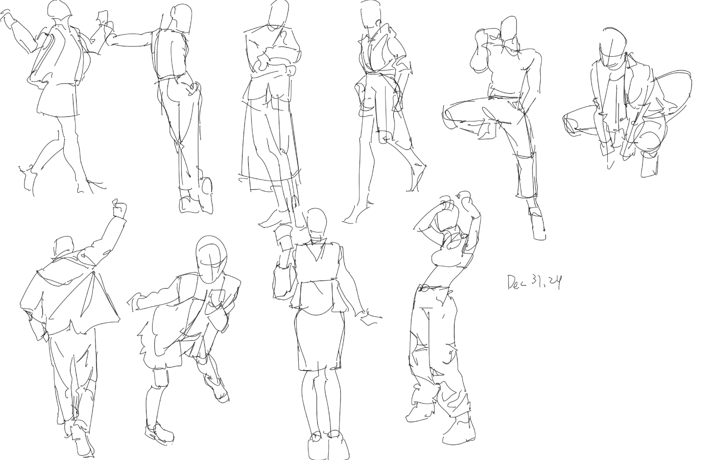 he image contains a collection of quick fashion sketches, predominantly featuring female figures in various poses. the style is loose and expressive, with lines capturing movement and gesture rather than precise anatomical detail.  the clothing styles are diverse, ranging from casual to more formal attire. some figures appear to be wearing jackets, skirts, pants, and tops, while others are in more simple outfits. the sketches are done in black ink on a white background, giving a clean, minimalist aesthetic. the sketches seem spontaneous, with varied line weights and a sense of immediacy. a date, "dec 31, 24," is included in the bottom right corner, suggesting the date of creation.  the overall impression is one of capturing movement and energy through quick gesture drawings focused on clothing and form.