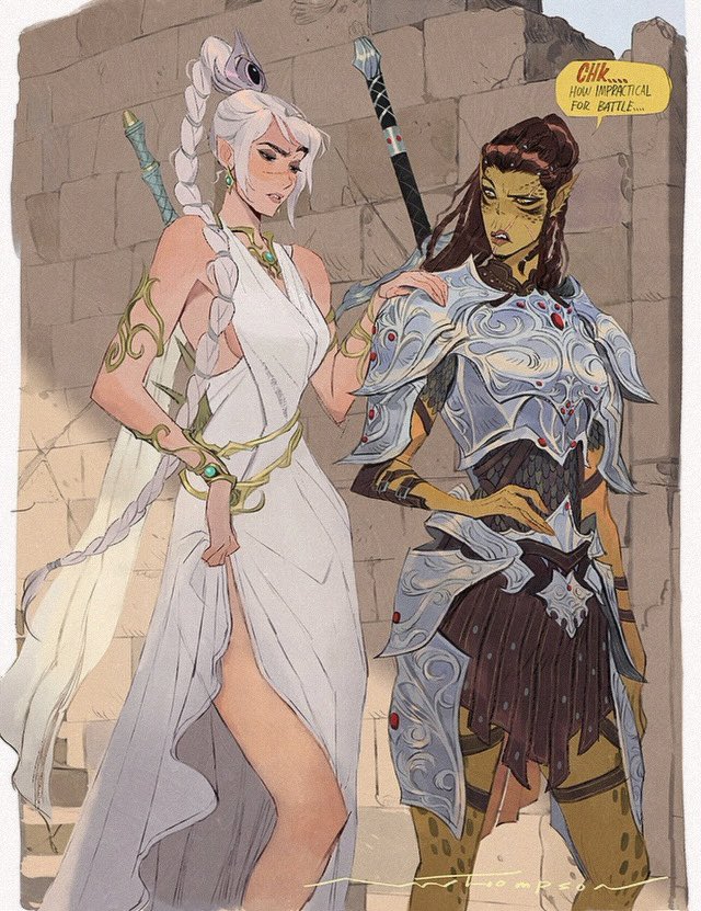 this is an illustration of two female characters from a fantasy comic book. one is an elf in armor and another is a woman in a white dress. the elf is wearing silver armor with green accents and brown armor. the woman has long, white, braided hair and is wearing a white dress. the elf is holding a sword and they are both looking to their side. they seem like they are friends or are working together on a task. the image is drawn in a comic book style.