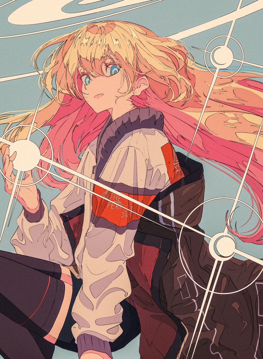 the image is a digital illustration of an animestyle girl with long, flowing blonde and pink hair. she has striking blue eyes and is dressed in a stylish outfit featuring a beige jacket with red accents and dark outerwear. her pose is dynamic, and she appears to be interacting with bright, abstract light effects and geometric shapes on a pastel background. the overall style is artistic and whimsical, with a blend of soft and vibrant colors. the artist's use of lines and shapes creates a sense of movement and energy.