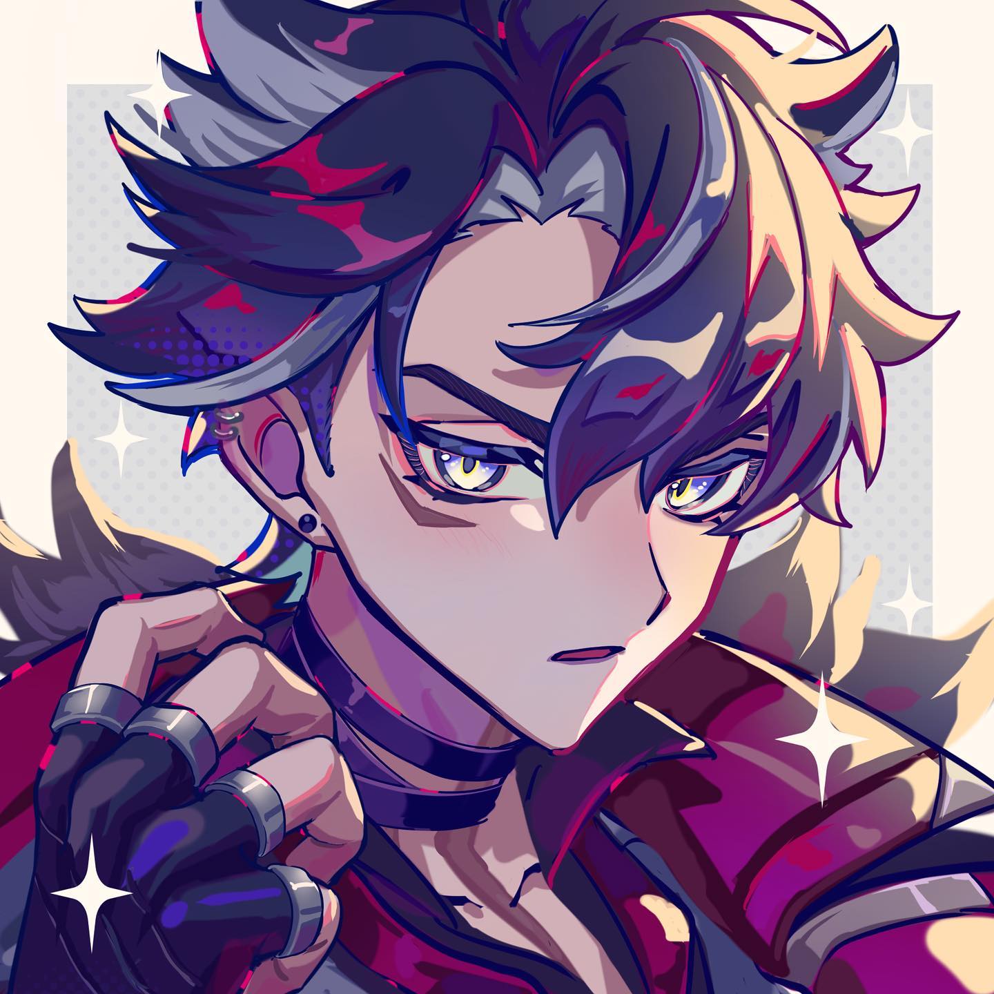 the image is a closeup digital fanart of a young animestyle male character. he has styled purple and gold hair, intense yellow eyes, and is wearing dark gloves and a choker. his expression is serious and confident. the art style is vibrant and stylized, with bold colors and dynamic linework. the background is a muted grey with sparkles. the overall mood is edgy and stylish.
