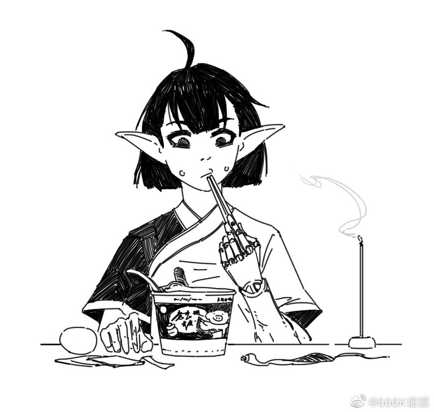 the illustration is a black and white drawing of an animestyle elf girl with a robotic arm. she is sitting at a table, eating instant noodles with chopsticks. a burning incense stick sits to her right, emitting a wisp of smoke.  the art style is sketchy and expressive, with a focus on linework and shading to create a dynamic feel. the overall mood is relaxed and slightly whimsical.