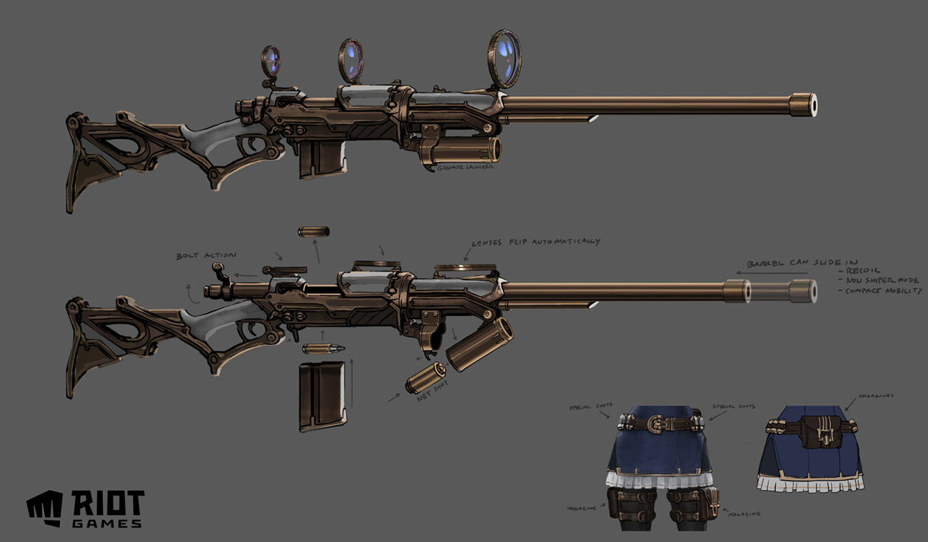 a stylized illustration of a steampunk sniper rifle. the image shows the weapon from two angles, along with various details about its mechanics and design. the rifle has a brass body, intricate gears and other mechanisms, and a barrel that slides in and out for different modes. the rifle also has a variety of other features, such as a bolt action, a net shot, and a magazine for ammunition. the image is drawn in a style that is both realistic and stylized, with a focus on detail and complexity. the overall tone of the image is one of technological advancement and power. the image is accompanied by a caption that reads "riot games." this indicates that the image is related to the video game company riot games, which is known for its popular online games like league of legends, valorant, and teamfight tactics.