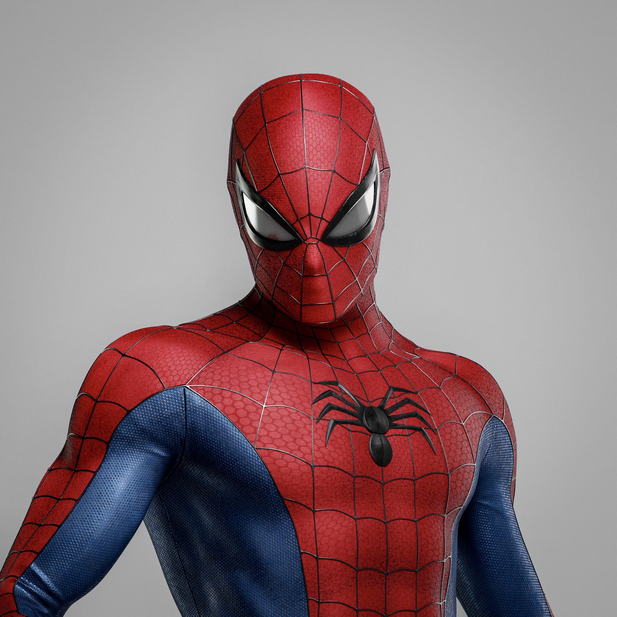 a closeup shot of spiderman's face, with the iconic red and blue suit. he is looking at the camera. the image is cropped to only show the upper part of his body and head.