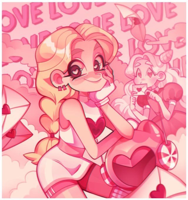 a colorful illustration of two cute anime girls in a pink and heartthemed world. the foreground features a girl with blonde hair and a pink outfit, smiling at the camera. she's riding a pink motorcycle with a heartshaped design. behind her is another anime girl with pink hair, holding a letter. the background is filled with pink clouds, hearts, and the word "love" written in pink.