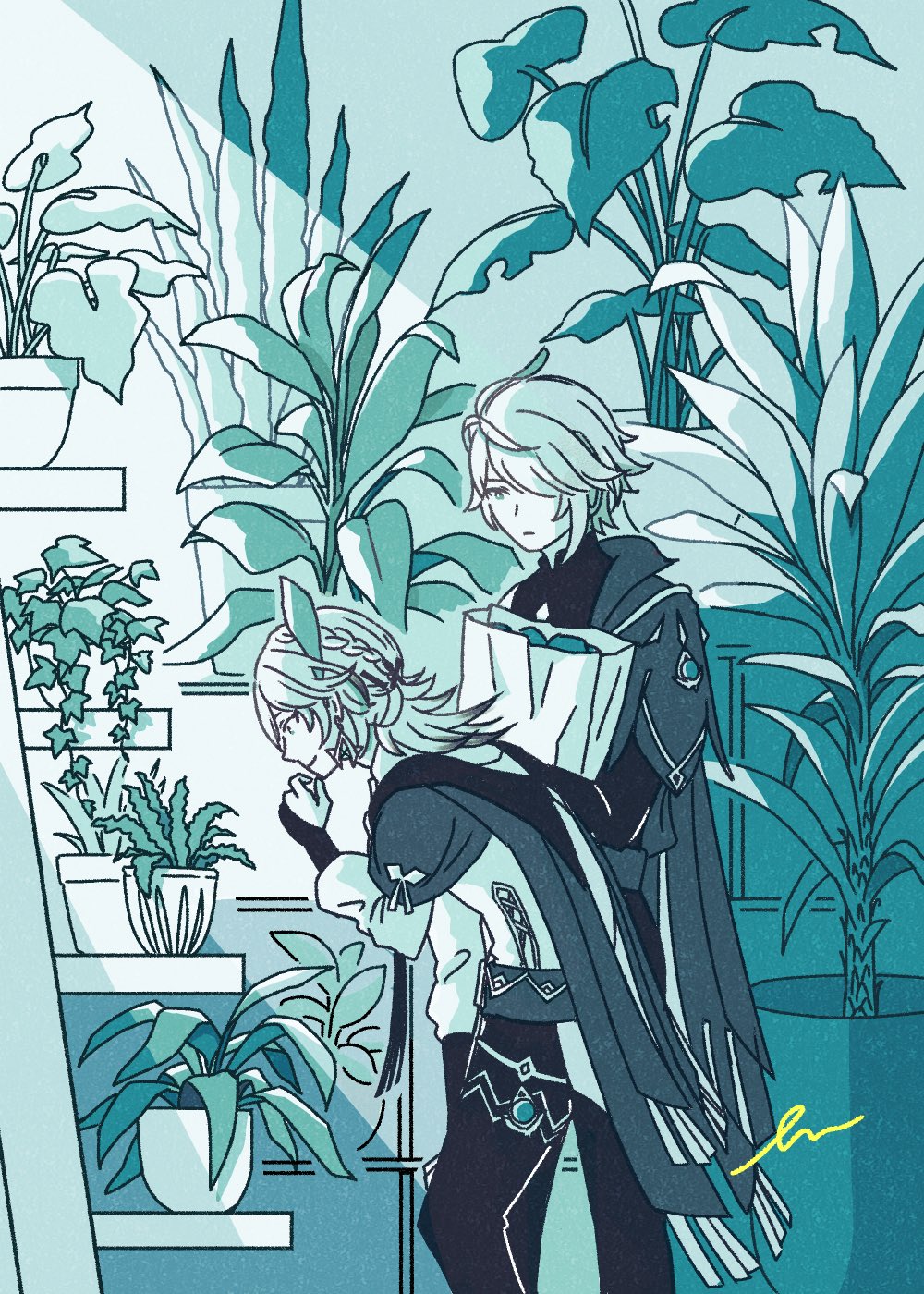 an anime drawing of two girls in a house looking at potted plants on shelves. they are surrounded by plants, and the colors used are green, white, and black. the drawing style is soft and delicate.