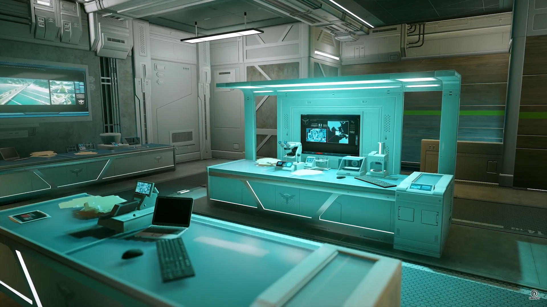 a futuristic lab or office interior with white and blue color scheme. the room is clean and sterile with modern furniture and equipment. there are several computer monitors, a large desk, and various other devices. the room is welllit and has a hightech feel.