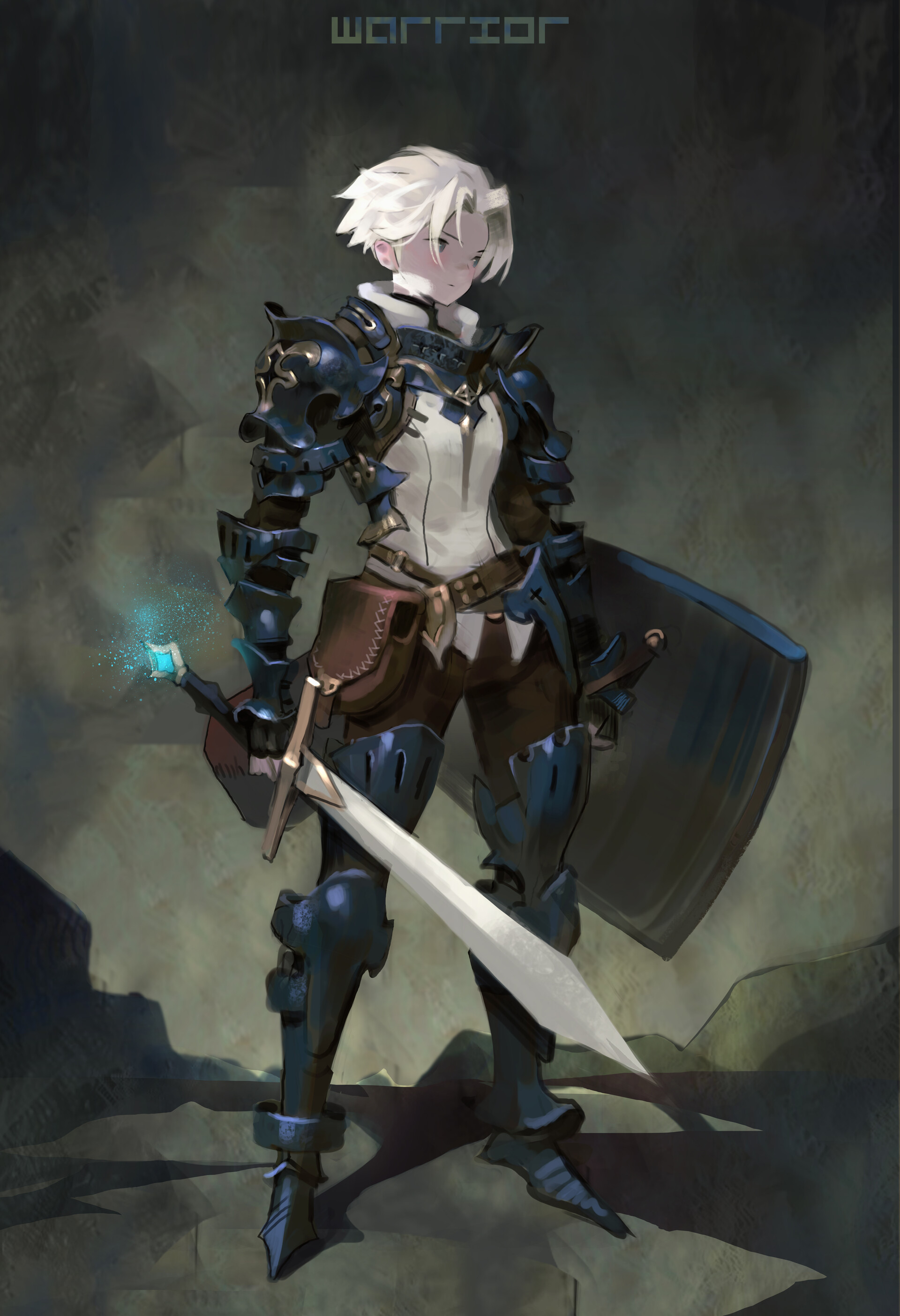 a fantasy illustration of a female warrior in blue armor, holding a sword and shield. she has short white hair and wears a tunic and a pouch. a glowing cube floats near her hand. the word "warrior" is written in stylized text at the top of the image.