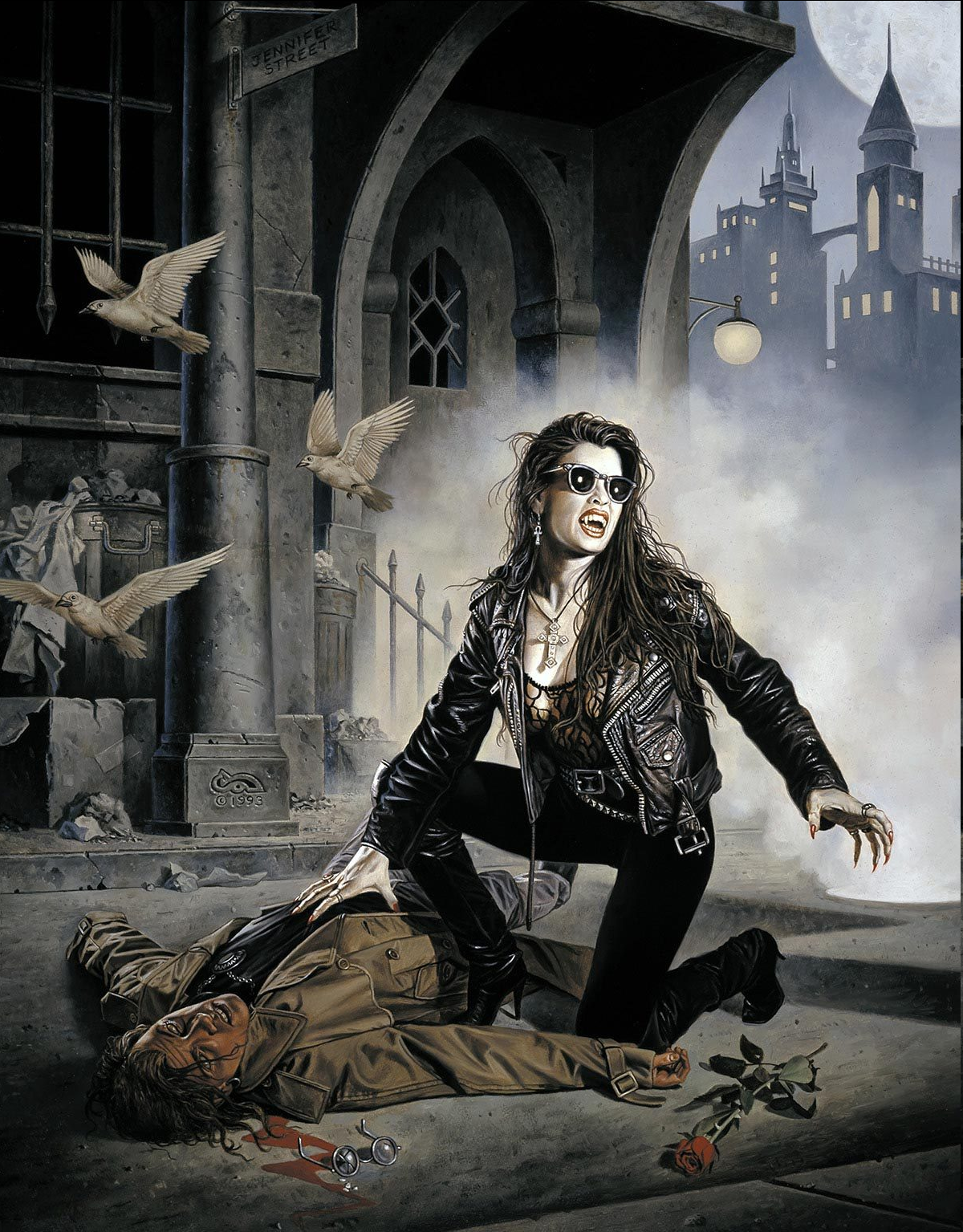 a female vampire, clad in a black leather jacket and sunglasses, crouches over the body of her male victim on a foggy city street at night. the scene is dramatically lit by moonlight and a streetlight, highlighting the gothic architecture and creating a sense of dread.