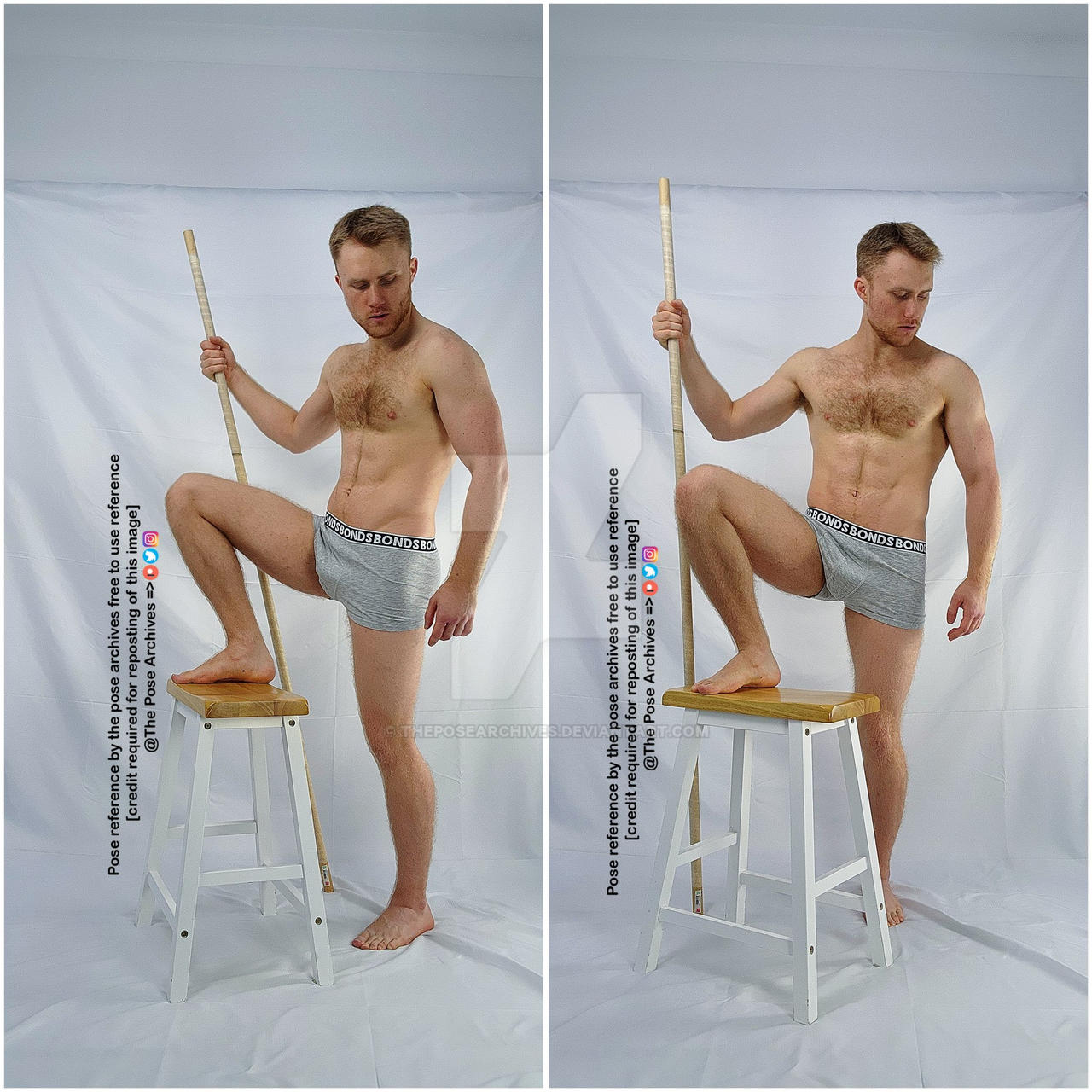 his is a reference image for artists of a man posing. the man is shirtless and wearing grey underwear, holding a wooden staff and resting his foot on a stool. this image can be used by artists as a reference for figure drawing and anatomy studies.