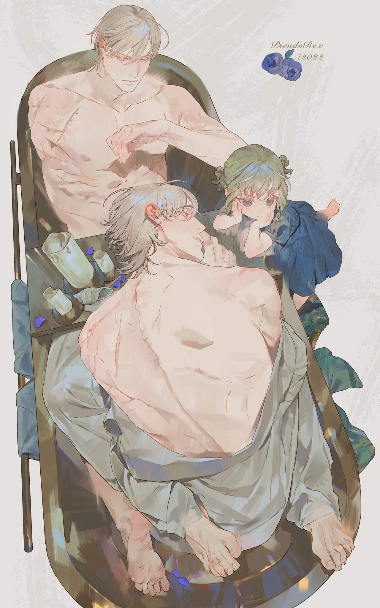 an anime illustration shows three figures in a bathtub, which appears to be a modern, bronzecolored tub. the top figure is a shirtless man with gray hair, multiple scars on his left shoulder and down his left arm, and a downward looking gaze. the middle figure is a shirtless man with white hair, multiple scars on his back and arms, and a beard. he is lying down in the tub. the third figure is a young girl with green hair and blue dress. she sits up to lean on the tub, looking in front of her. there are multiple bottles in the upper left corner. in the upper right corner, the signature of the artist, pseudorex, and the date, 2022, are written with a small drawing of two blueberries.