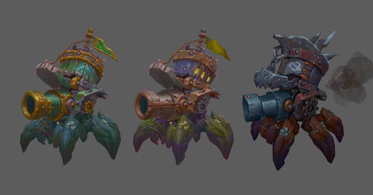 he image shows three different color variations of a concept art design for a fantasy cannon creature.  the creature appears to be a crablike base with a steampunkstyle cannon mounted on its back. each version features different color palettes: one is primarily green and gold, another is blue and brown, and the last is a darker, rusty brown and gray. the cannons have a wooden barrel appearance and are detailed with gears and other mechanical elements.  the creature's legs are organic and clawlike.  a small flag is attached to the top of each cannon. the style is reminiscent of fantasy game assets or miniatures.