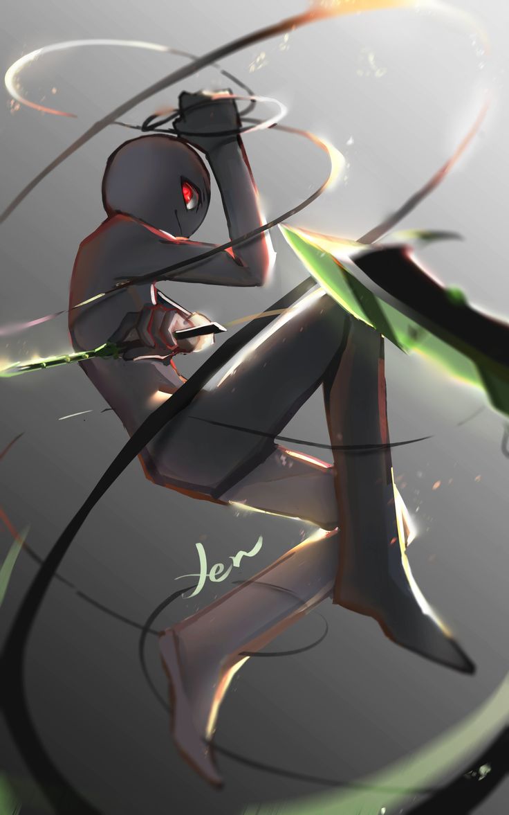 this is a digital illustration of an animestyle character. the character is a shadowy figure with red eyes, and they are holding a sword. the character is surrounded by swirling lines and glowing green light, giving the image a mystical and abstract feel. the background is a dark grey color with some lighter shades, and there is a faint glow coming from the character. the overall aesthetic is dynamic, powerful, and captivating.