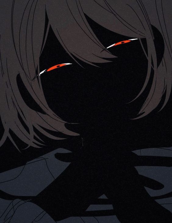 a closeup illustration of a person with short brown hair and piercing red eyes. the majority of the image is shrouded in darkness, emphasizing the brightness of the eyes. the person appears to be in distress or anger, with their expression obscured by the shadows. the style of the drawing resembles anime or manga.