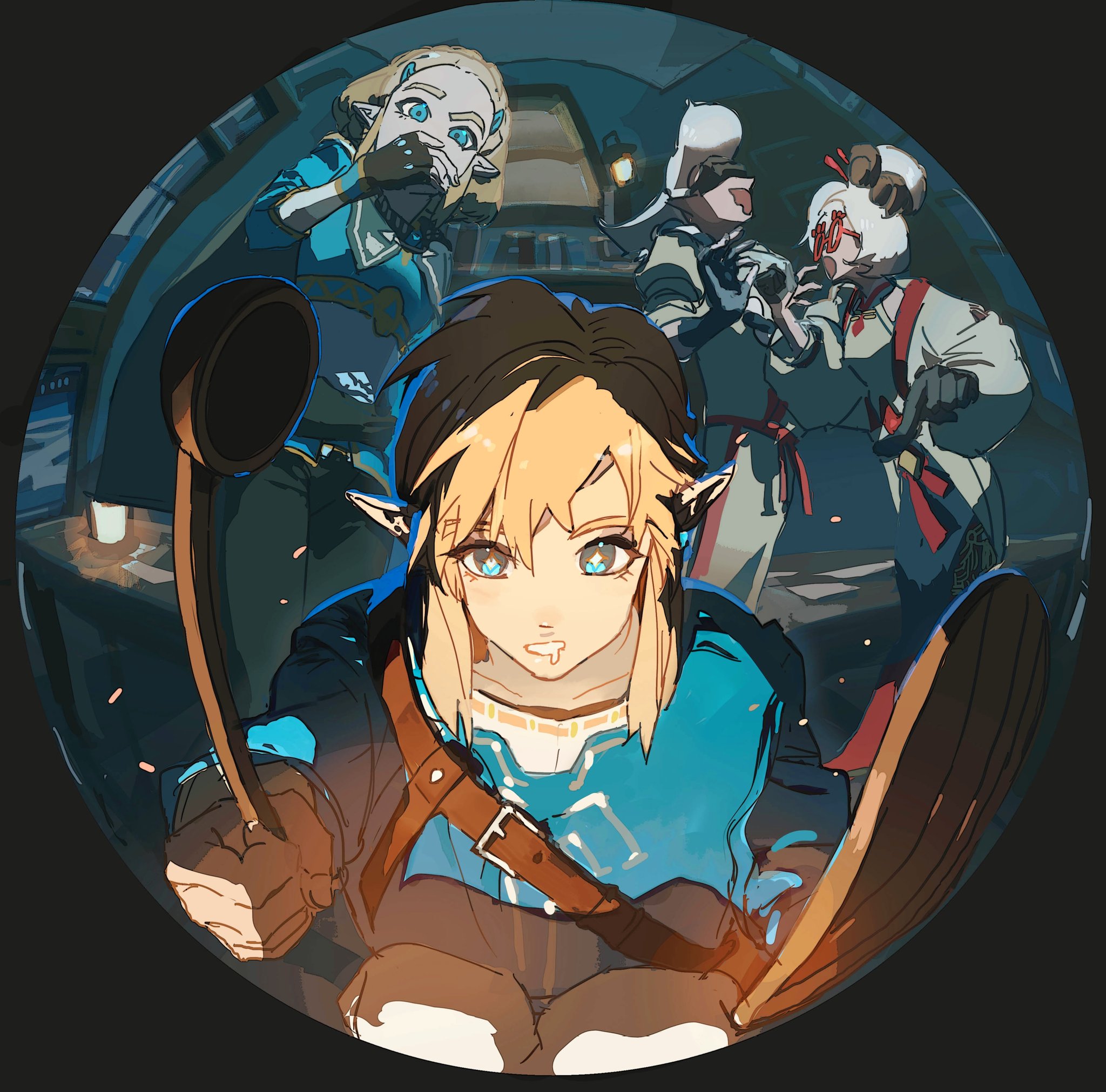 a digital illustration featuring link, a character from the legend of zelda: breath of the wild video game, in an anime style.  link has his signature green tunic and brown boots, and is holding a wooden spoon in his right hand.  he looks directly at the viewer, with a surprised expression.  behind him, three other female characters are seated around a table, and are all dressed in various styles of clothing, with the character on the right looking like she's from the hylian village of kakariko. the room behind them is dark and dimly lit with a few glowing objects.  the image has a playful and fun tone.