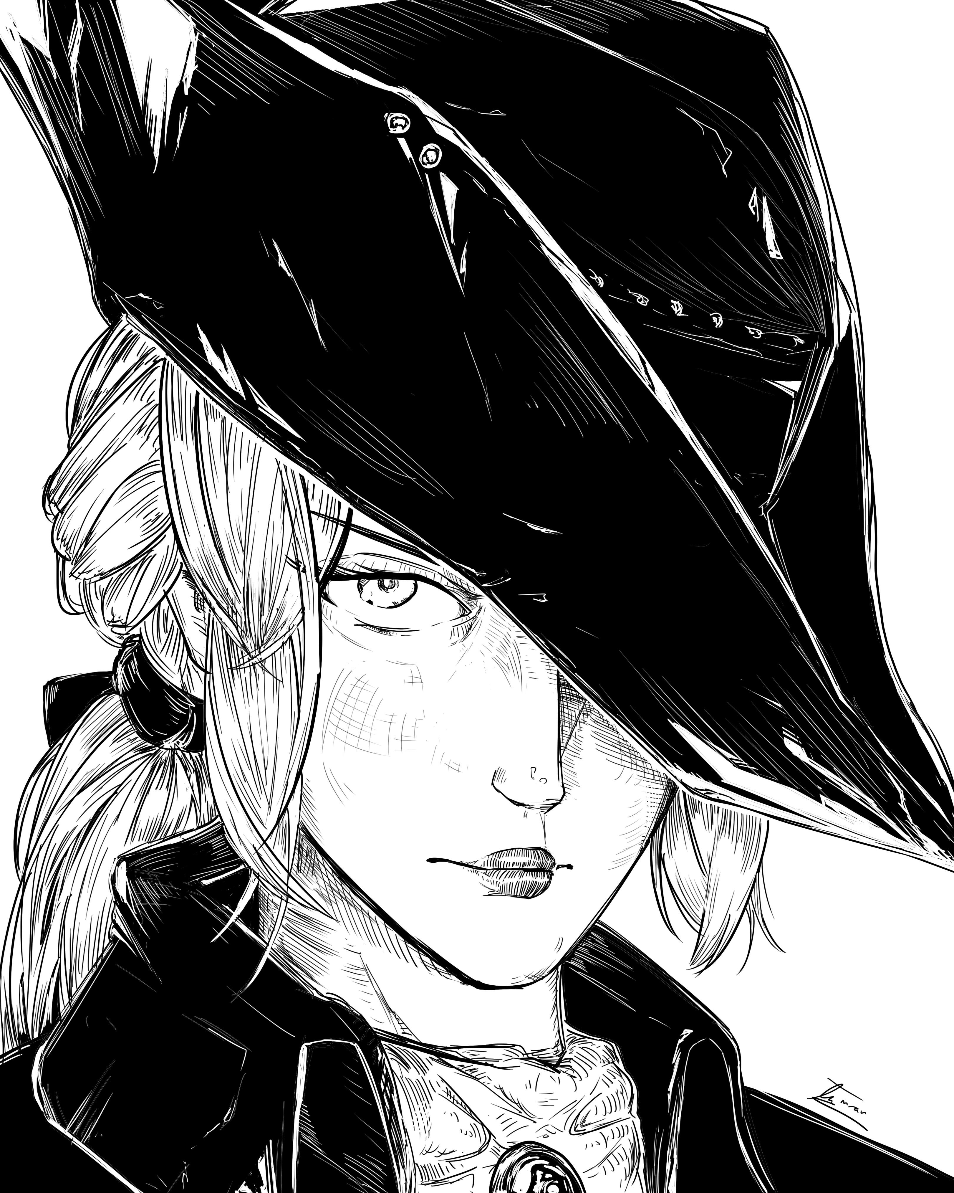 a black and white illustration of a young woman wearing a hat with a sharp and mysterious gaze. she has long, flowing hair, and her hat covers most of her face. the illustration is done in a manga style, with sharp lines and dramatic shading.