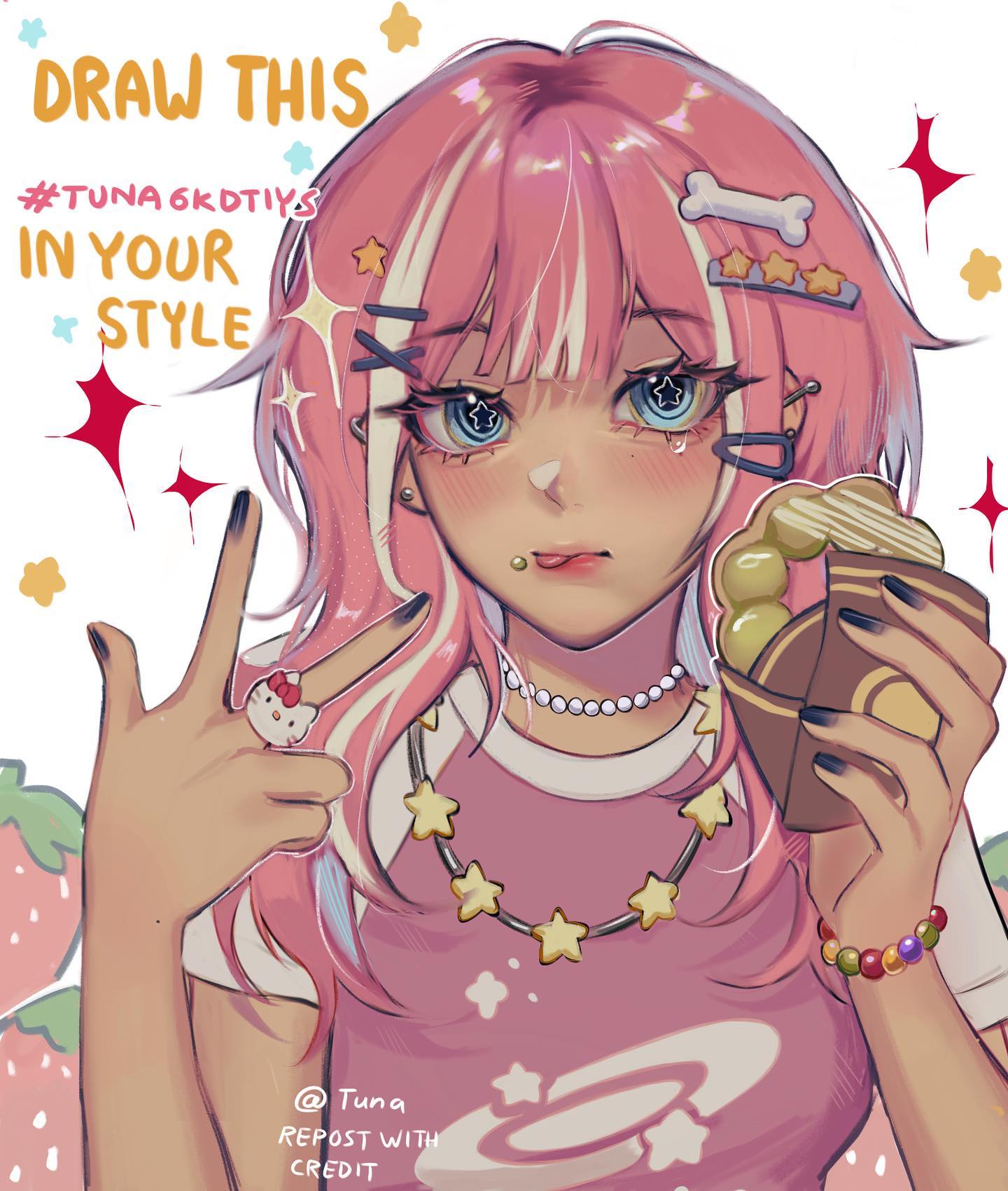 the image is a digital drawing prompt featuring a cute animestyle girl.  she has long, pink hair with white streaks, and is adorned with various accessories such as starshaped necklaces, boneshaped hair clips, and rings. she's holding a bubble waffle or hong kong waffle. the text overlay "draw this in your style #tuna6kdtiys" indicates it's a challenge for artists to recreate the character in their own artistic styles.  the overall aesthetic is kawaii and pastel, typical of popular anime and manga art styles. the artist's watermark (@tuna) is visible at the bottom.