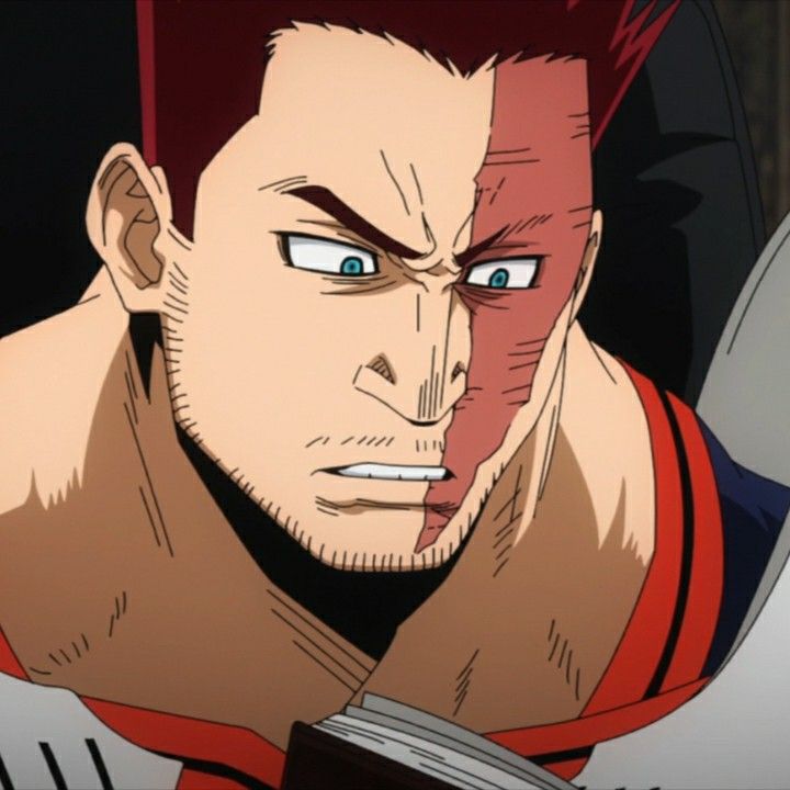 a closeup shot of an anime character with red hair and a scar across his face. he has a serious expression and is looking down at a book. he is wearing a red and blue suit with muscle definition on his chest. the background is blurred. the character looks like a powerful hero in a japanese manga.
