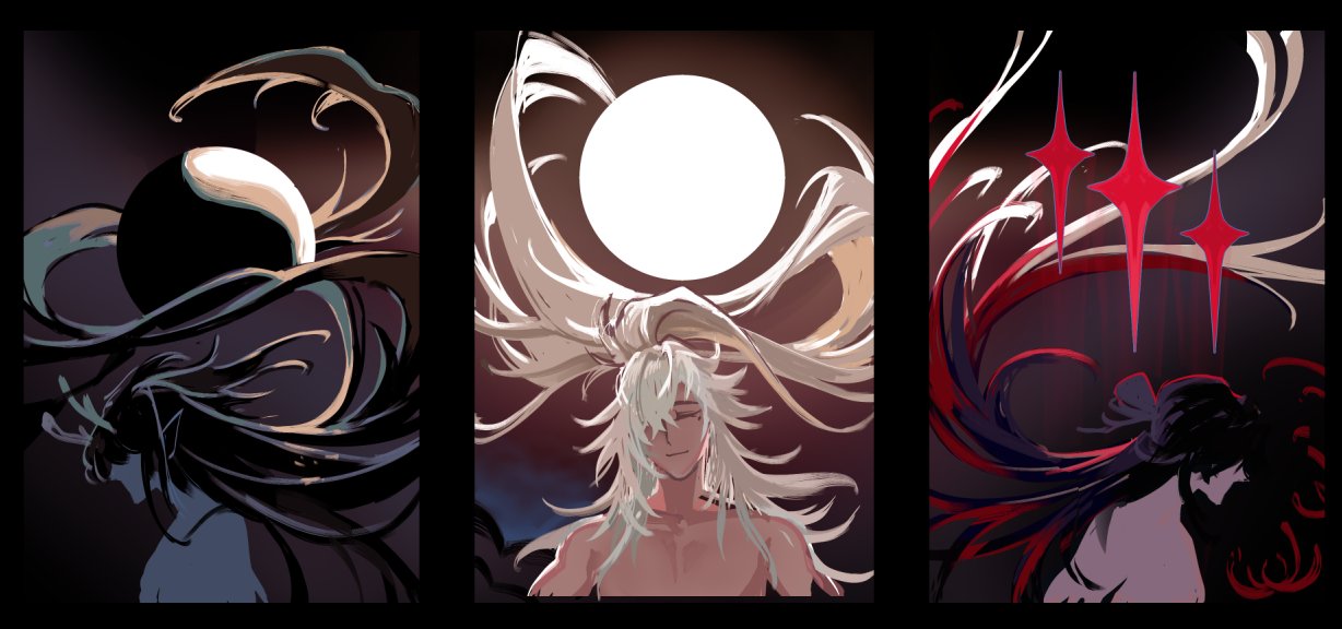 the image is a digital art piece that depicts three characters, each with their unique style and energy. the first character is a dark and mysterious figure, shrouded in shadows and with a black moon behind them. the second character is a bright and radiant being, with long white hair and a white moon behind them. the third character is a powerful and fierce figure, with red wings and stars behind them. the image is full of detail and atmosphere, and it suggests a story of power, conflict, and perhaps even redemption.
