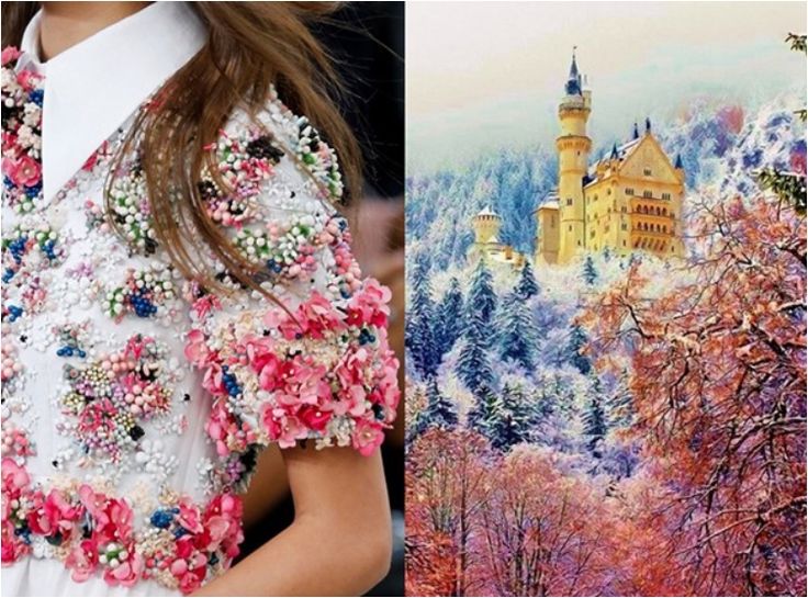 the image is a split image showing two different styles. on the left side, there is a woman wearing a white dress with floral embroidery. the dress is adorned with beads and sequins, and the flowers are in shades of pink, white, and blue. on the right side, there is a winter landscape with a fairytale castle on a hilltop. the castle is yellow and has many windows and towers. the forest surrounding the castle is covered in snow and the trees are bare. there is a bright pink and white tree in the foreground. the two sides of the image come together to form a beautiful and whimsical composition.