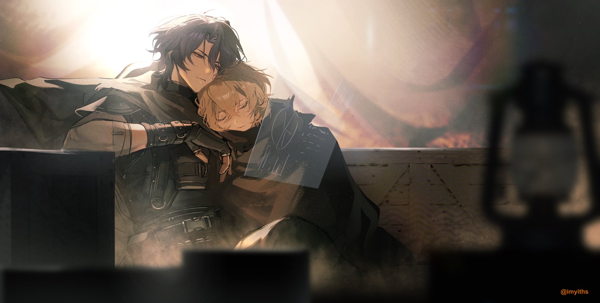 the digital artwork depicts a tender moment between two animestyled men.  a darkhaired man with long hair, dressed in dark, somewhat militaristic clothing, holds a blond haired man close. the blond man rests his head on the darker haired man's shoulder, appearing calm and peaceful. the setting appears to be within a rustic or ruined structure, with soft, warm sunlight illuminating them from above and a lantern partially visible in the foreground. the overall mood is calm and affectionate, suggesting a close and intimate relationship between the two figures.  a slightly blurry, translucent piece of paper appears to rest on the shoulder of the blondhaired man, possibly holding a chart or diagram.  the artist's signature, @imyiths, is visible in the bottom right corner.