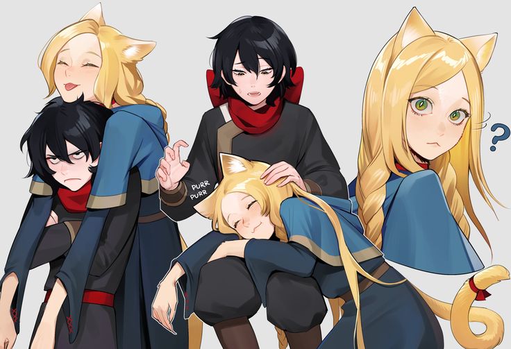 the image is a digital drawing of several animestyle female characters. one blonde character with cat ears is carrying a darkhaired character on her back. another blonde character with cat ears is being petted by a blackhaired character. a third blonde character with cat ears is laying on the lap of the blackhaired character. the style is cute and playful.