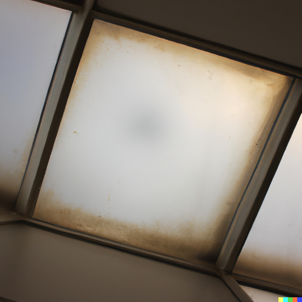 this is an image of a dirty skylight. the skylight is made of multiple square glass panes set in a metal frame. the glass is covered in a layer of dirt and grime, particularly around the edges. natural light is shining through the skylight, illuminating the dirt and creating a soft glow. the perspective of the image is from below, looking up at the skylight.