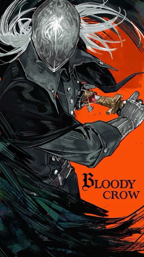the image features a character known as bloody crow or eileen the crow from the video game bloodborne. the artwork is in an anime style, showcasing the character wearing a mask and cloak, wielding a dagger. the background is a vivid orange color, and the character is prominently displayed with detailed linework and shading. the title "bloody crow" is written in a stylized font on the right side of the image.