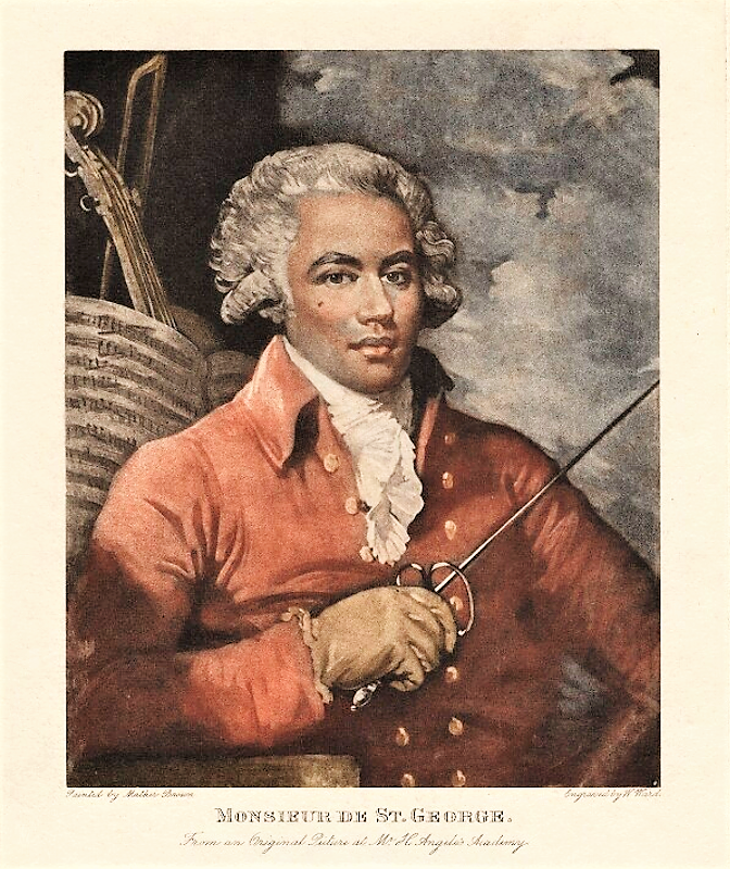 a portrait engraving of monsieur de saintgeorge, depicted with a sword, indicating his fencing skill. he wears a wig and formal attire, suggesting his position in high society. behind him are musical instruments and sheet music, signifying his profession as a composer and violinist. the engraving credits robert brown as the engraver and mentions it's based on an original picture at mr. h. angelo's academy.
