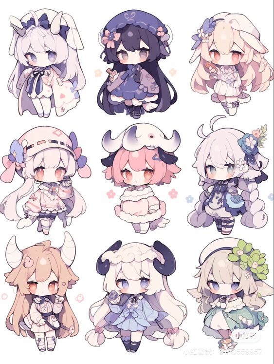 the image features nine adorable chibistyle anime girls. they are depicted in full body, showcasing unique outfits and hairstyles. each girl has large eyes, small mouths, and rosy cheeks, accentuating their cuteness. their outfits are primarily pastelcolored dresses with intricate details, further enhancing their charm. the background is pure white, allowing the colorful characters to stand out vividly.