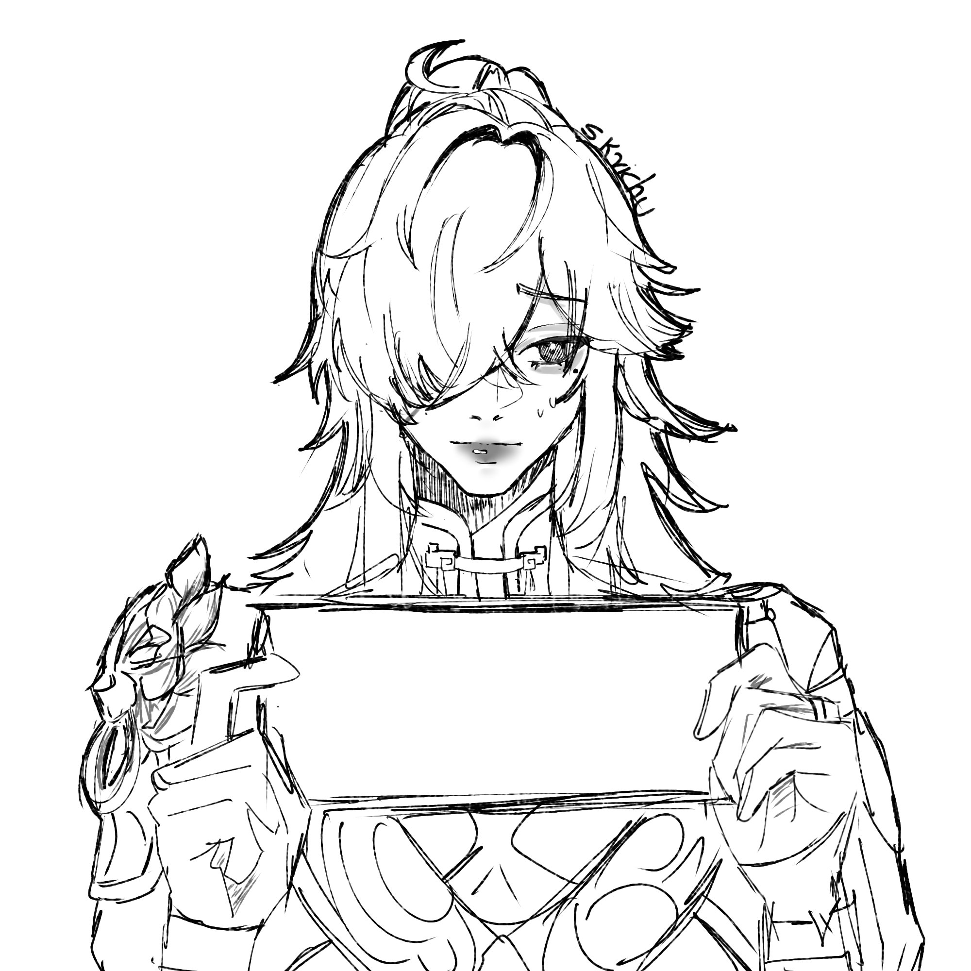 a black and white sketch of an anime character, a woman with long white hair holding a smartphone with a blank screen in front of her face.