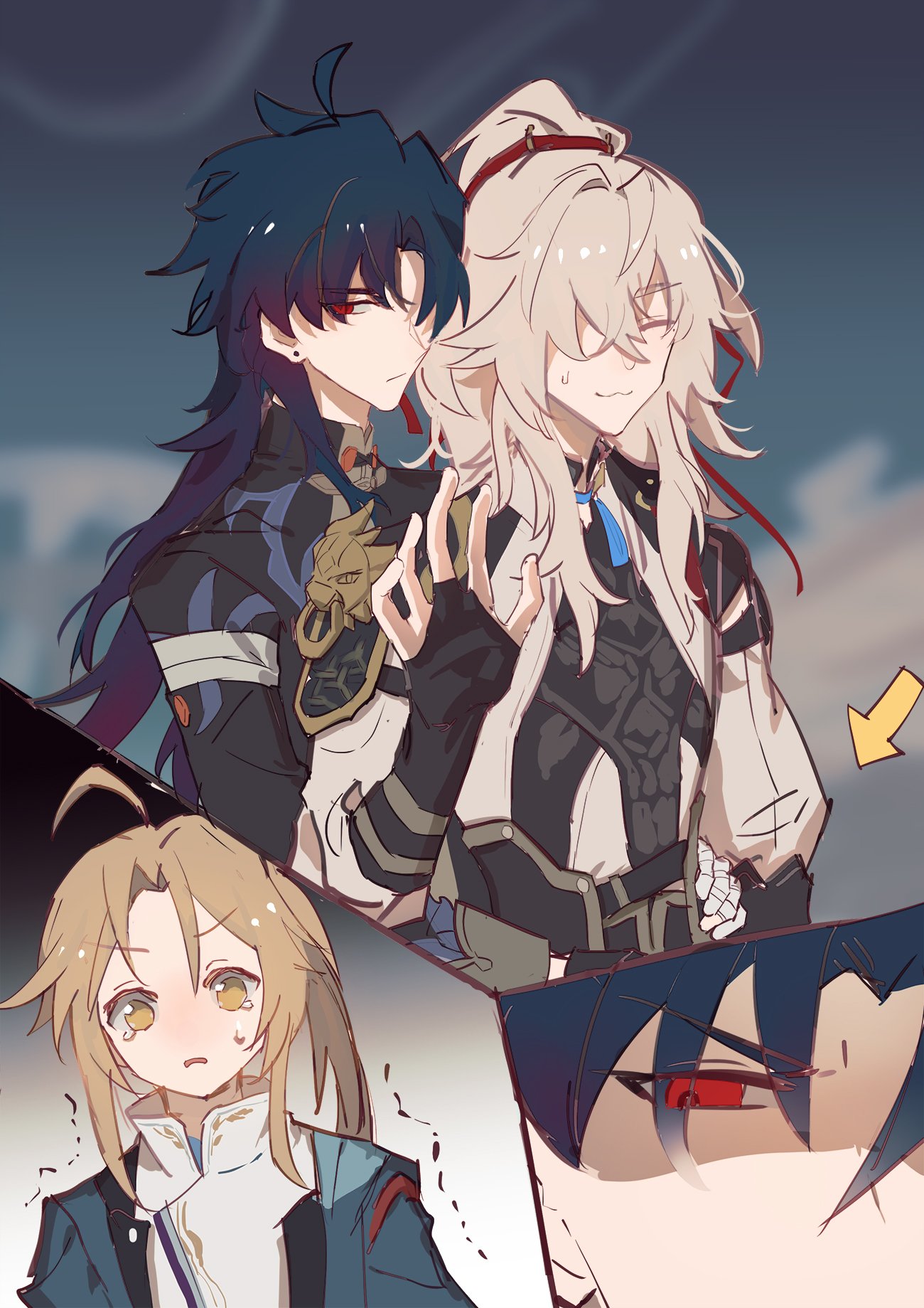 the image is a colorful anime illustration of a couple, a male and female, in the foreground, and two other male characters peeking in the bottom right corner.  the female character is smiling shyly with her head resting on the male's shoulder and both are looking at the camera with a happy expression.  the male character is also smiling with his arm around her waist, as though the couple is close and in love.  there is a yellow arrow pointing at them from the top right corner. the two male characters in the bottom right corner are both focused on the couple and one of them is looking jealous.  the image is drawn in a colorful manga style, with bright colors and cute features. the background of the image is a light blue sky with white clouds, and the image is framed by a comicstyle panel.  the scene suggests a moment of closeness and happiness between the couple.
