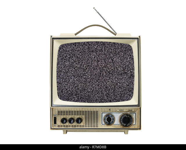 a cream and brown vintage television set with static on the screen is set against a plain white background. the television has a telescoping antenna and a frontfacing speaker. the knobs appear to be for controlling volume, brightness, contrast, and channel selection.  the image evokes a sense of nostalgia for a bygone era of technology.