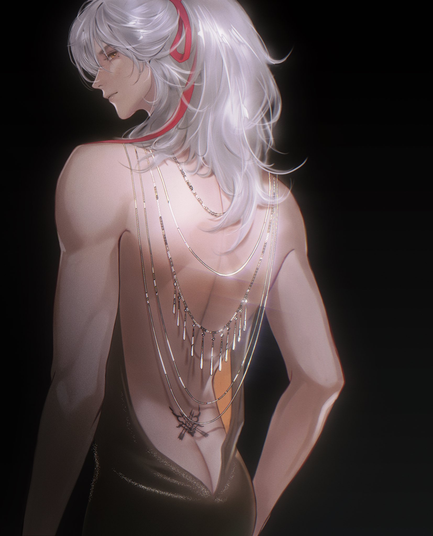 a digital painting of an anime character. the character has long white hair that's tied back with a red ribbon. she's wearing a black dress that has a low back, revealing a lot of skin, and she's wearing a lot of necklaces that have a silver finish. the character is looking over her shoulder, and the background is dark.