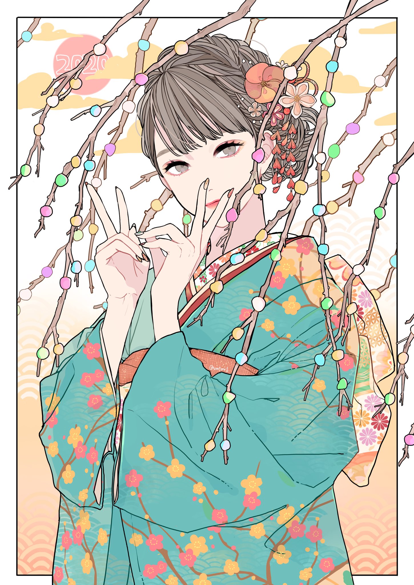 an animestyle illustration of a woman in a kimono making peace signs with both hands. she has brown hair and is wearing a hair accessory with flowers. branches with colorful beads are around her.