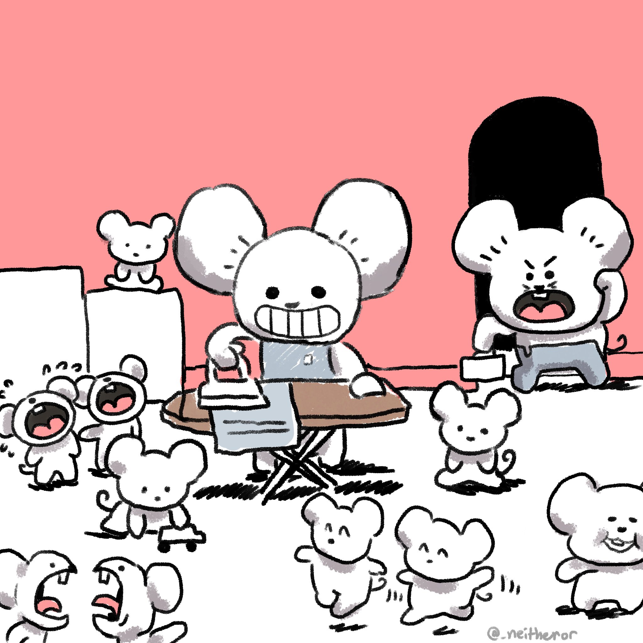 the illustration is a cartoon depiction of a chaotic scene with many mice. a larger mouse is diligently ironing while surrounded by smaller mice, some crying, some looking on curiously. another mouse appears angry in the background. the style is simple and cute, with a predominantly monochrome palette against a pink backdrop. the overall mood is humorous, showcasing a busy and somewhat overwhelmed parent mouse attending to a group of playful, or possibly distressed, young mice. the artist's watermark, "@neithemor", is visible in the bottom right corner.