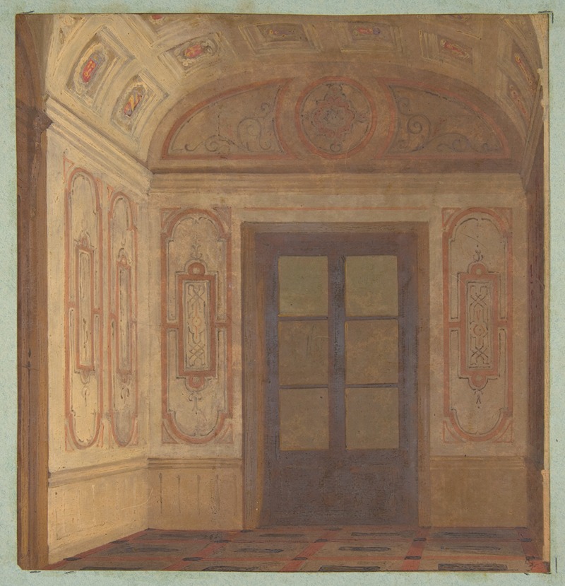 a painting depicts the interior of a room with an arched ceiling and a door. the walls are adorned with decorative paneling and patterns. the artwork showcases architectural elements and decorative arts.