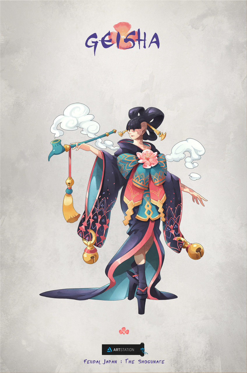 a digital illustration of a geisha in a colorful and ornate kimono. she is holding a pipe with smoke coming out of it, and she is surrounded by clouds. the text "geisha" is written in a stylized font at the top of the image. the text "feudal japan: the shogunate" is written at the bottom of the image, indicating the setting and time period of the illustration. the artwork has a whimsical and fantasy feel, with its vibrant colors and exaggerated features.