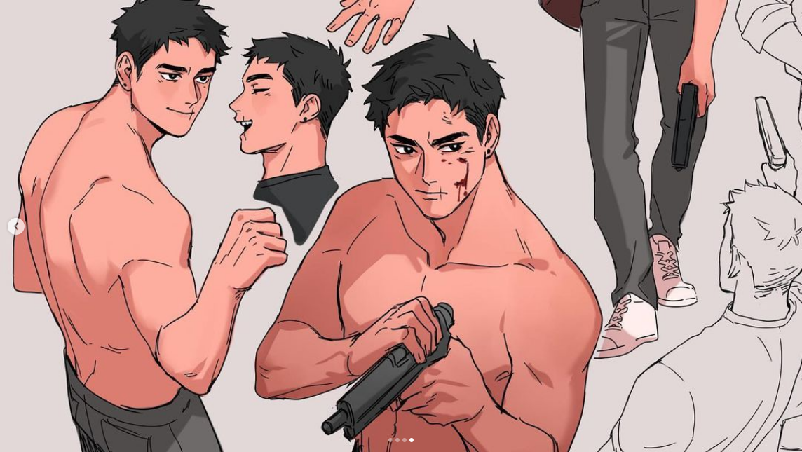 this image showcases a collection of sketches featuring a muscular male character. depicted in various poses and expressions, the character is seen holding a gun in some sketches, emphasizing his potential for action. the artist skillfully uses line work and shading to highlight the character's physique and create a sense of dynamism.