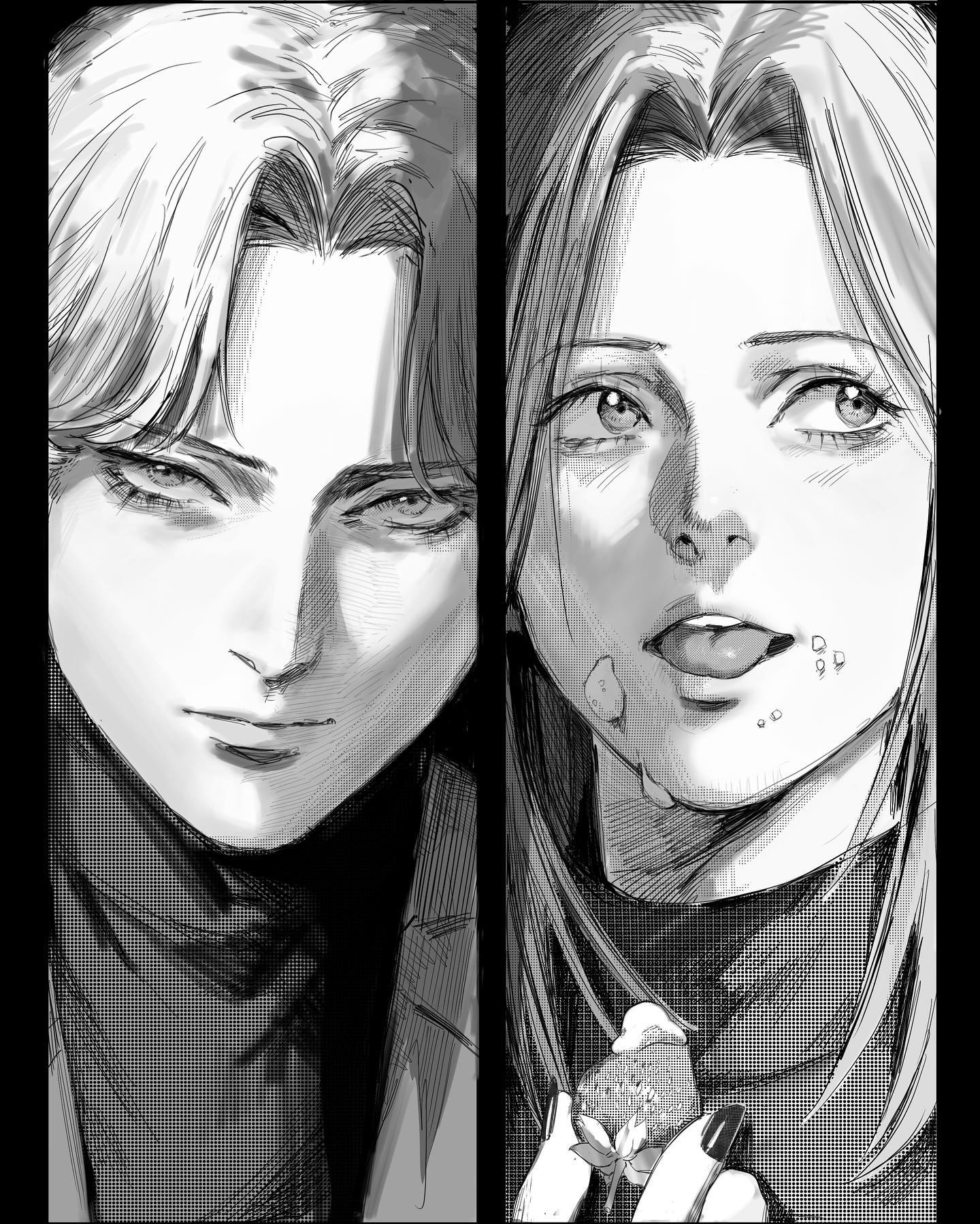 the image is a black and white mangastyle illustration depicting a closeup portrait of a man and a woman sidebyside.  the man has a serious, almost brooding expression, while the woman has a more sensual, slightly provocative look, with a strawberry near her mouth. both faces are highly detailed with expressive eyes and subtle shading that creates a strong sense of depth and texture.  the artistic style uses heavy contrast and hatching to give a gritty, dramatic feel. the overall mood is intimate and slightly mysterious.