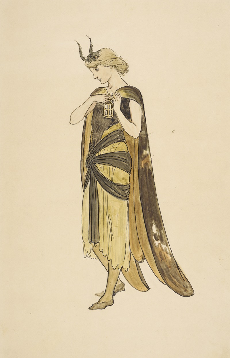 a drawing of a woman in costume. she is wearing a long dress with a dark sash, a cape, and a headdress with horns. she is holding a lantern.