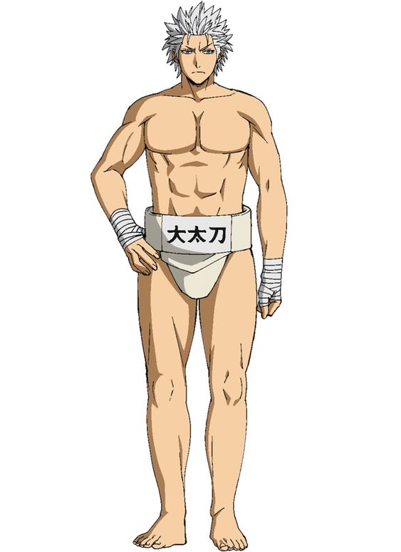 this is a digital illustration of a shirtless, muscular sumo wrestler. he has spiky white hair, a serious facial expression, and is wearing a traditional sumo wrestling belt (mawashi).  the illustration is set against a plain white background.