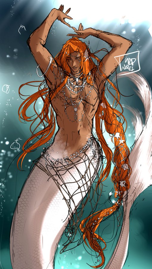 this digital illustration depicts a handsome, male mermaid with long flowing red hair and a muscular, toned physique. he is adorned with intricate jewelry, including necklaces, bracelets, and a net draped over his waist.  the mermaid is shown in a graceful pose, his tail and body shimmering in the underwater light. the background suggests an underwater scene, with the shimmering water and ambient light reflecting off the mermaid's scales. the image exudes a sense of fantasy and wonder, capturing the beauty and mystery of mythical creatures.