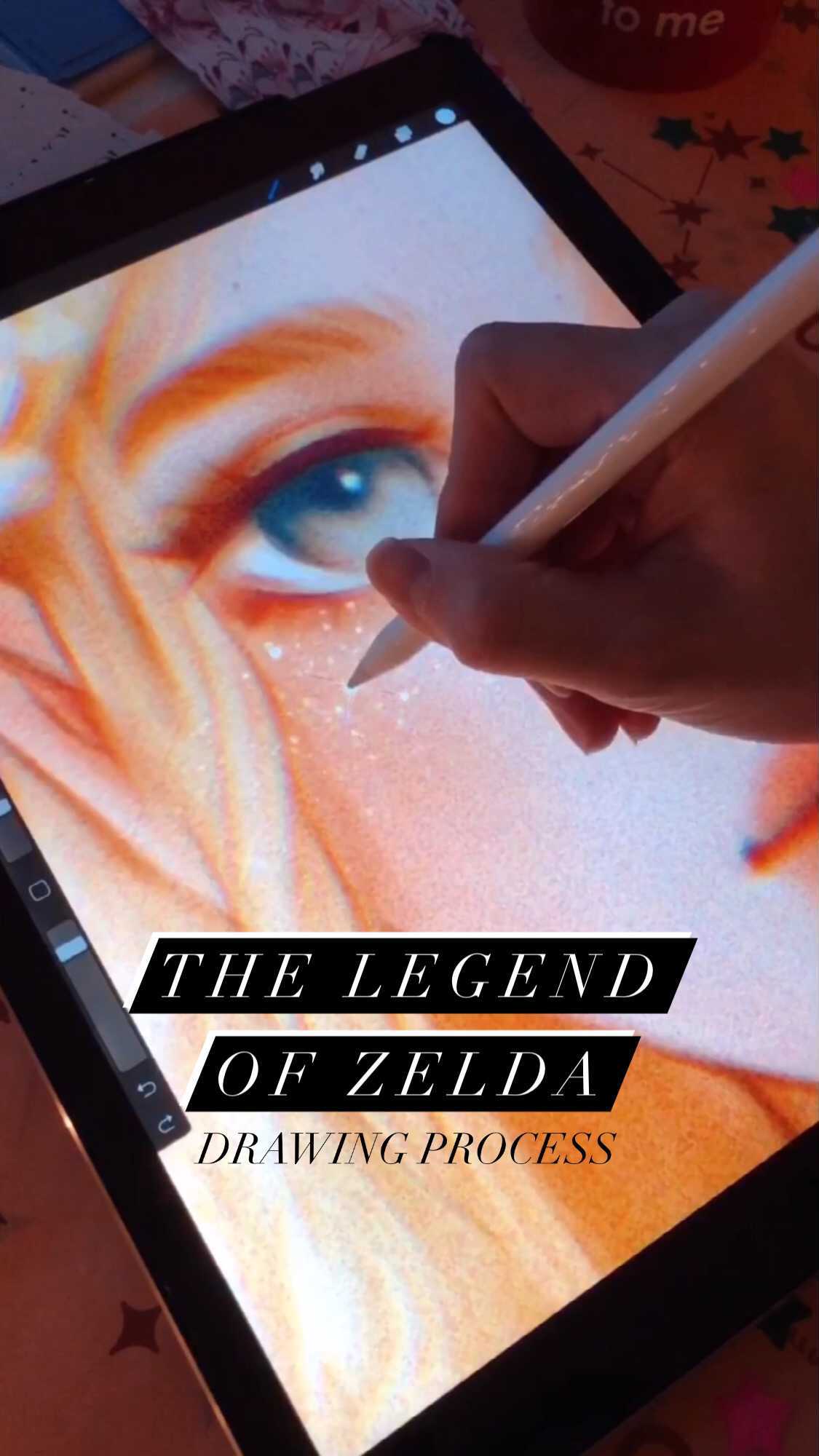 the image shows a hand using an apple pencil on an ipad pro to create digital art. the artwork in progress is a closeup detailed depiction of an eye, seemingly inspired by the game "the legend of zelda". the style is digital painting with soft orange tones and light effects added to create depth and texture. a text overlay states "the legend of zelda drawing process".  the overall image portrays a step in the creation of a digital illustration or fanart.