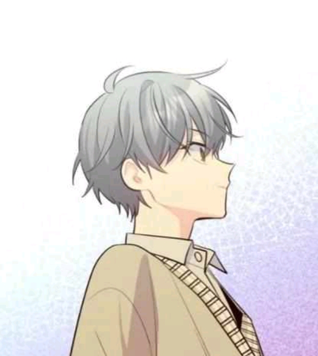 the image shows an anime style drawing of a boy in profile view. he has short, grey hair. he is wearing a school uniform consisting of a buttonup shirt and a cardigan or jacket. he appears to be looking upwards.