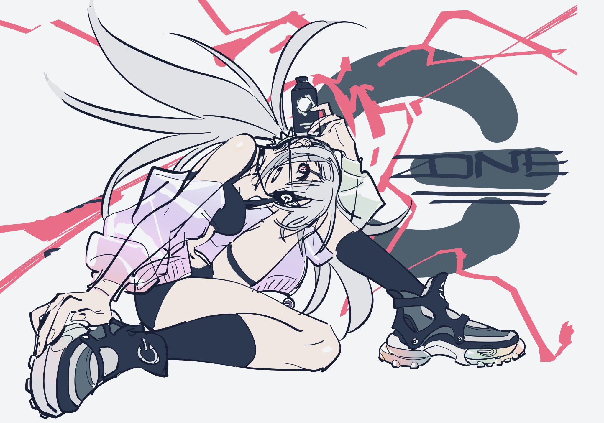 the image is a vibrant digital illustration or drawing in a style reminiscent of anime and manga. it depicts a young woman with long, flowing white hair styled in a dynamic fashion.  she's dressed in casual, futuristicleaning streetwear featuring a pastel purple top and dark shorts, complemented by large, chunky sneakers.  she's in a sitting pose, but her posture is energetic and expressive, with legs spread and arms outstretched, one holding what appears to be a bottle. the background is a stylized gray with bold pink graffitistyle lines and a partially visible large letter "c" or a similar abstract form. the word "zone" is prominently displayed in a stylized font near the letter. the overall aesthetic is a blend of streetwear fashion, anime character design, and a cyberpunkinspired atmosphere. the art style is loose and expressive, prioritizing energy and visual impact over precise detail.